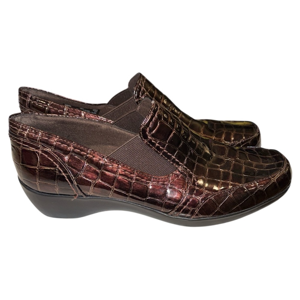 Clarks Bendables May Poppy Womens Wedge Loafers Slip On Brown‎ Croc Embossed 9